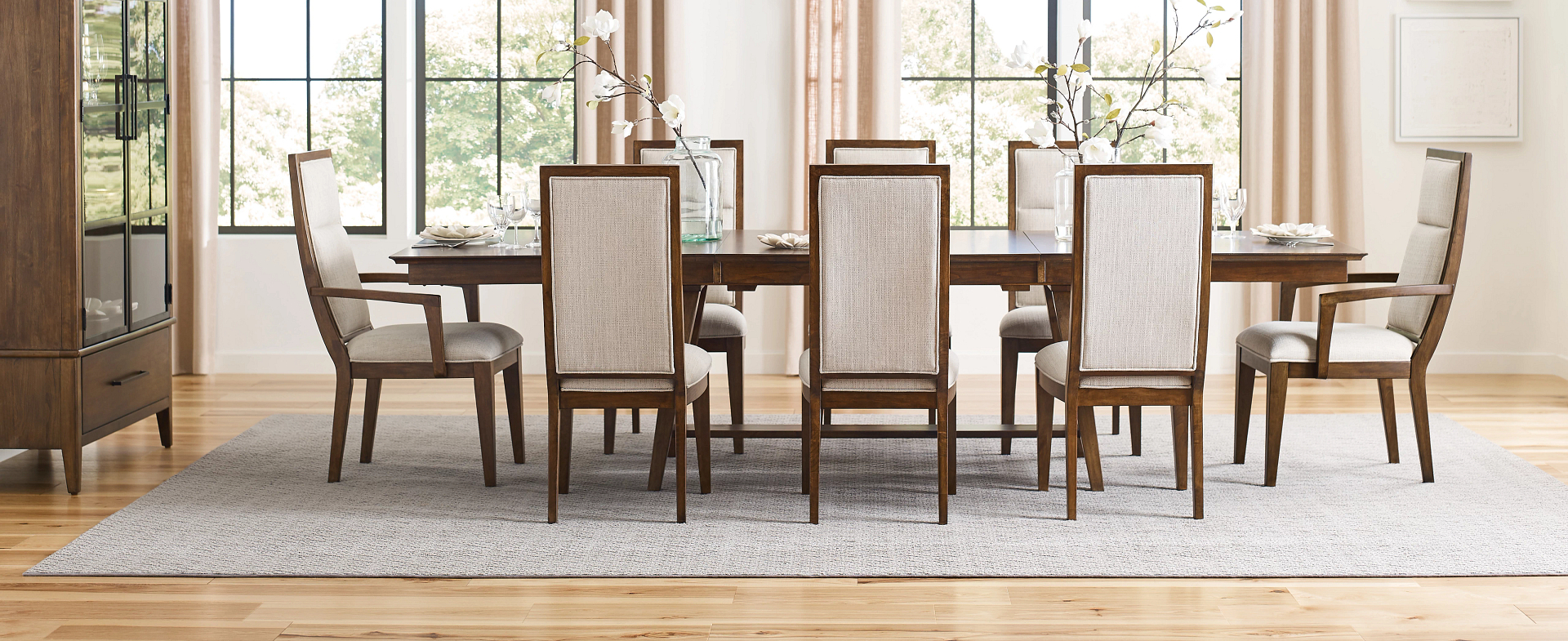 Abode solid wood rectangular dining table with upholstered chairs 