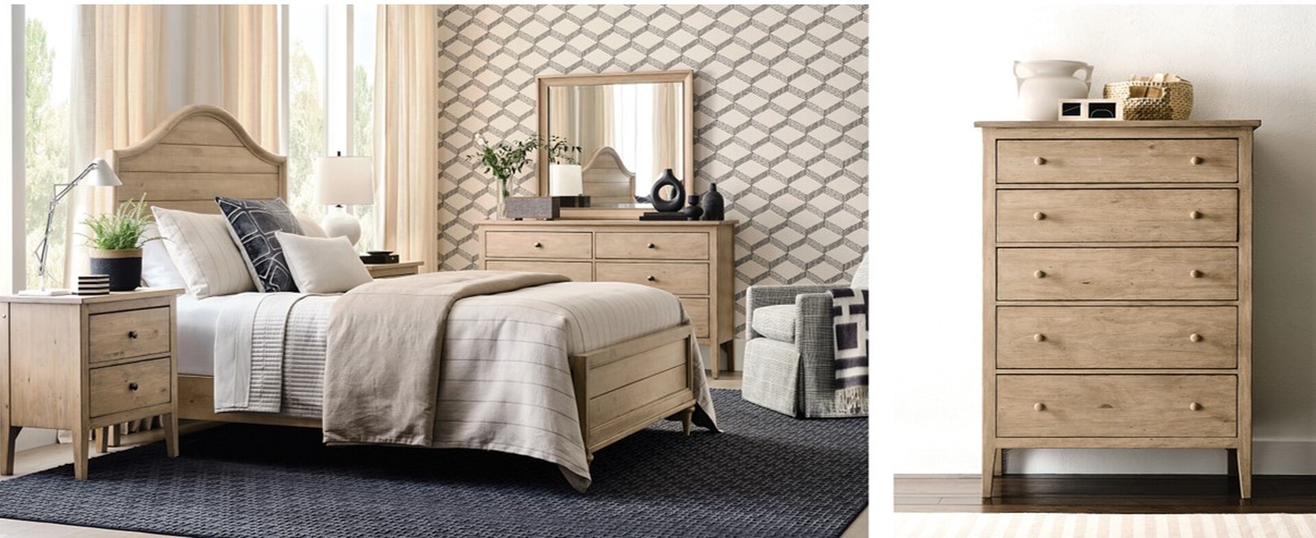 Solid wood arched panel bed and bedroom furniture in a light wood stain 