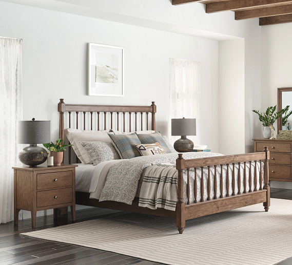 Solid wood spindle bed and nightstand 