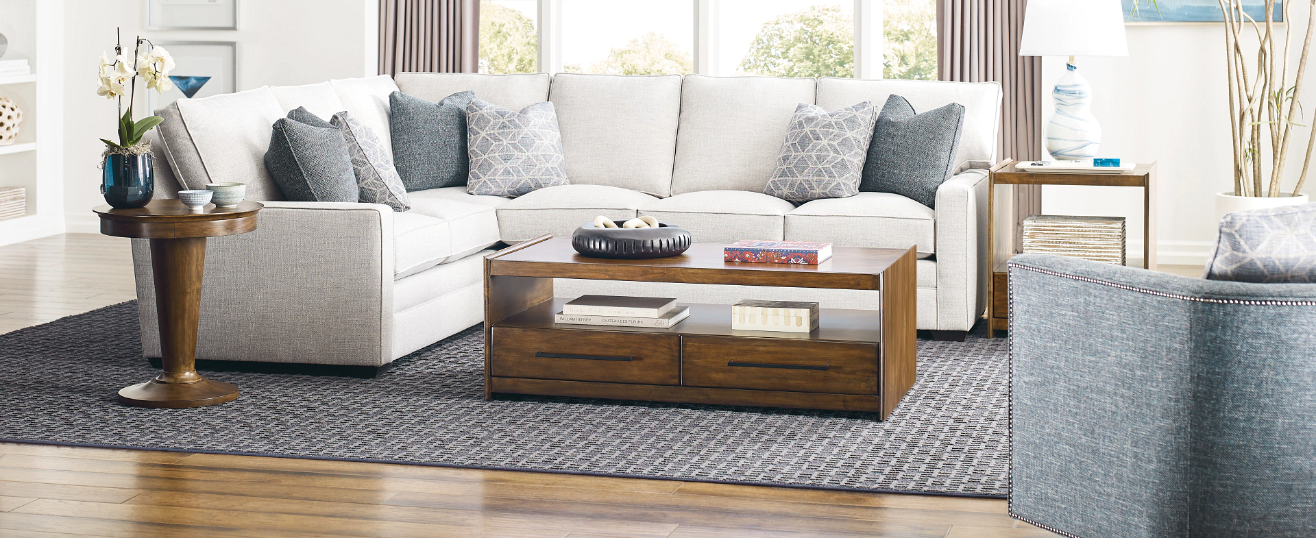 Abode solid wood living room tables with custom track arm sectional 